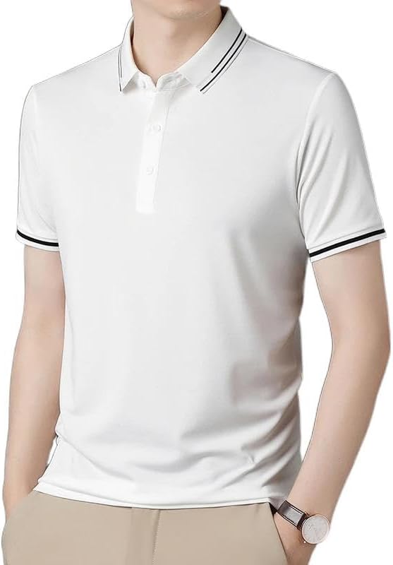Mens Silk Blend Polo Shirts Short Sleeve Casual Business Golf T-Shirts Classic Fit Soft Tops