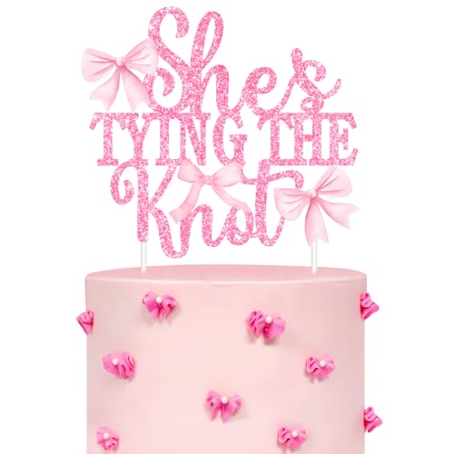 Cheereveal Pink Glitter Bow Cake Topper for Girls Women, She's Tying The Knot Cake Picks, Bow Theme Bridal Shower Bachelorette Engagement Wedding Party Decorations Supplies