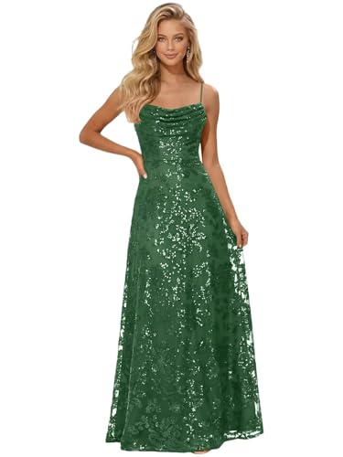 Fukbdz Emerald Green Prom Dresses for Women Backless Spaghetti Strap A Line Sequin Sparkly Tulle...