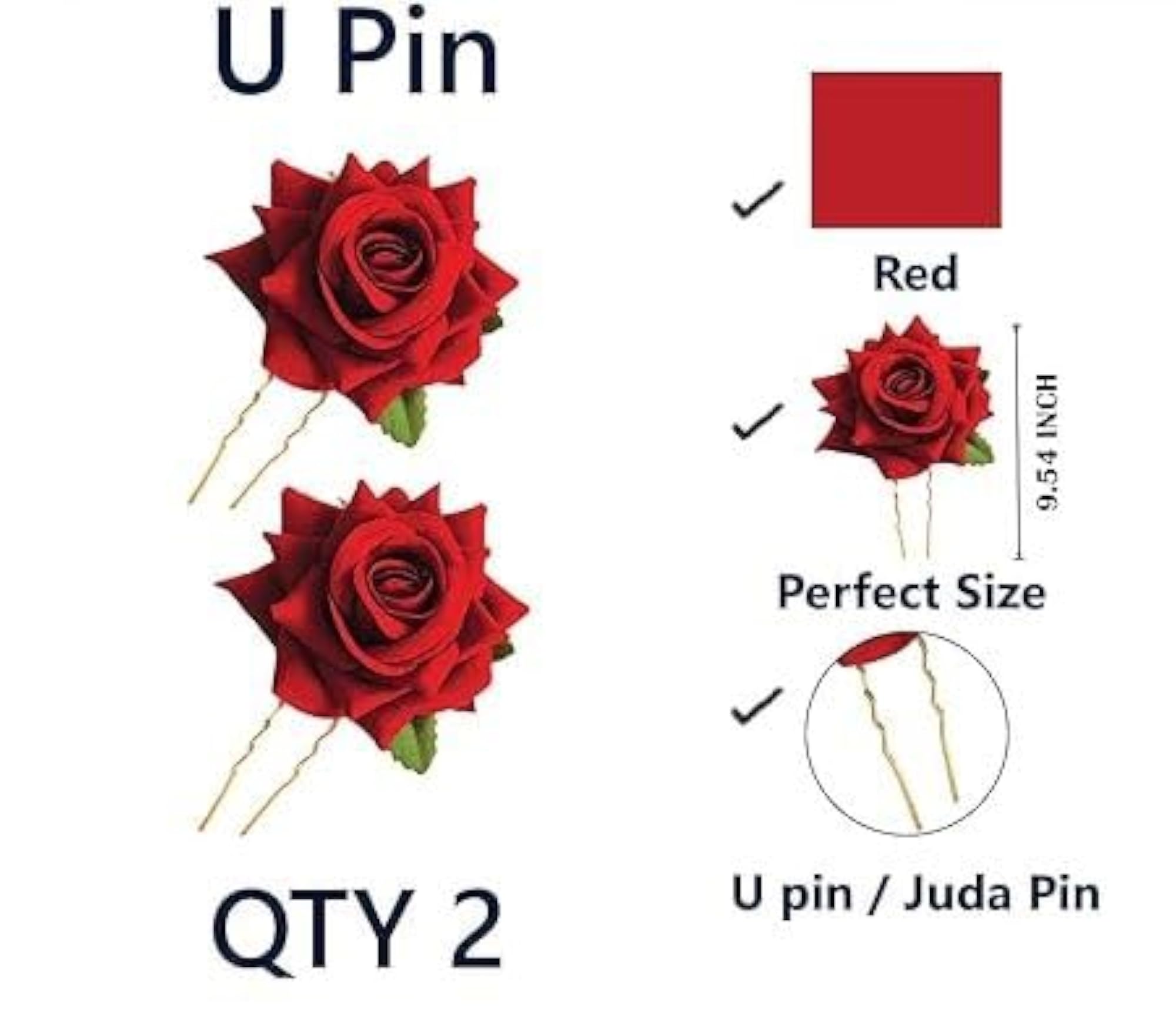 2 Pcs Stylish Red Rose Artificial Flowers Bun Juda U Pins