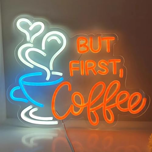 Image of But First Coffee Neon Sign Large 5V USB Powered Acrylic Neon Lights with Dimmable Switch and Hanging Chain for Coffee Cafe Bar Party Living Room Sign Gifts 14 * 11.3inch(Orange)