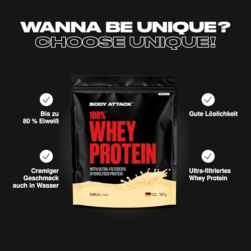 Body Attack 100% Whey Protein Natural - 900 g - Made in Germany - Extra cremiges Eiweißpulver mit Hydrolysat & BCAA´s, unterstützt Muskelaufbau und Diäten - Für Sportler & Athleten