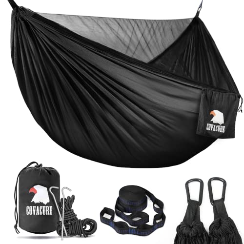 Covacure Camping Hammock – Lightweight Double Hammock, Hold Up to 772lbs, Portable Hammocks for Indoor, Outdoor, Hiking, Camping, Backpacking, Travel, Backyard, Beach(Black)