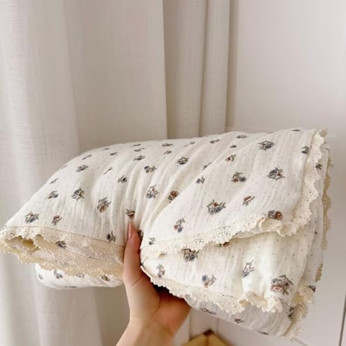 Image of BuLuTu Musiln Cotton Kids Quilt Twin Size Bed Blanket Chic Pansy Floral Print Comforter for Girls Boys Children Bedroom, Soft Breathable Kids Comforter with Lace Edges, 60x78 Inches