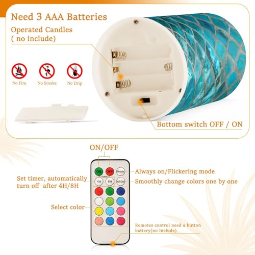 Image of Eionryn Turquoise Ceramic Mosaic Flameless Candles Moroccan Pattern Green Teal Battery Operated LED Candles with Remote Timer Electric Candles for Home Party Decor 2pcs