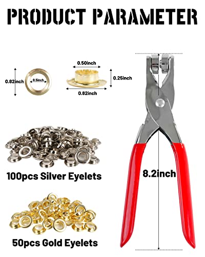 Image of 150Pcs 1 /2 Inch Grommet Tool Kit, Grommet Kit, Eyelet Kit with Leather Hole Punch Pliers, 150 Metal Eyelets and Grommets in Gold and Silver for Leather, Shoes, Fabric, Belt