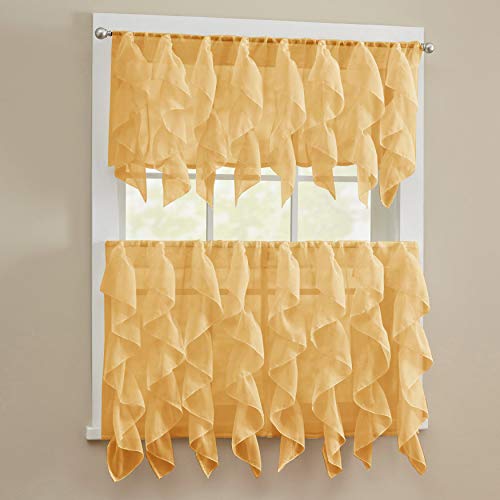 Image of Sweet Home Collection 3 Piece Kitchen Curtain Set Sheet Vertical Cascading Waterfall Ruffle Includes Valance & Choice of 24 inch or 36 inch Teir Pair, Tier, Sheer Camel