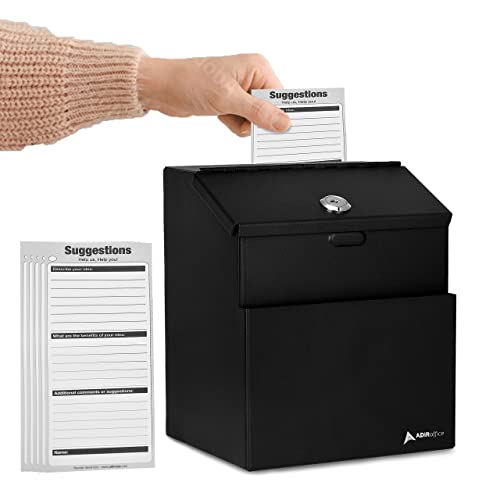 Adir Suggestion Box With Lock - Metal Donation Fundraising Ballot Prayer Box With 55 Free Suggestion Forms Cards & 2 Keys (Wall Mounted - Black) #TOP16