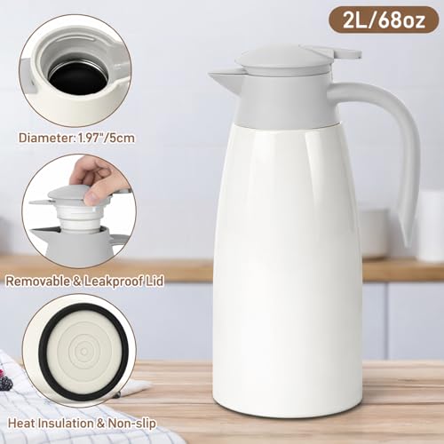 Osrioal 2L Insulated Coffee Carafe - Stainless Steel Thermal Pot with Press Button Top for Hot and Cold Beverages, White - Image 3