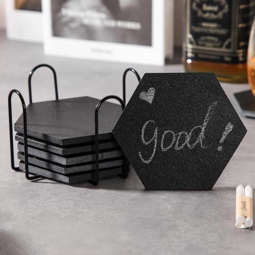 Schiefer Untersetzer für Gläser 8er Set, 11cm Sechseck Getränkeuntersetzer mit Halter, Glasuntersetzer Tischuntersetzer, kratzfester Unterseite für Bar, Küche, Heimdekoration