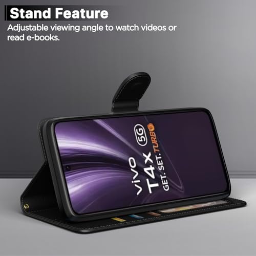 Image of Amazon Basics Flip Cover for Vivo T4x 5G / iQoo Z10x 5G Leather Finish | Wallet Stand and Shock Proof | Inside TPU with Card Pockets | Complete Protection Flip Case(Black)