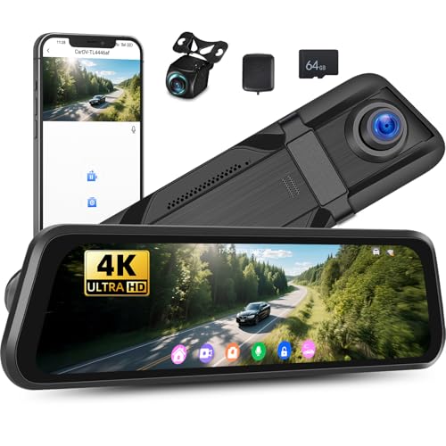 4K Mirror Dash Cam Front and Rear View Dual Cameras 9.66 inch HD Rearview Mirror for Cars & Trucks,...