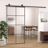 Mokuyary Puerta corredera Set herrajes Vidrio ESG Aluminio 102,5x205 cm Puertas correderas Puerta de Granero corredera Estilo rústico Puerta corredera Contiene Guía de Suelo Ajustable 4x2 Rejillas