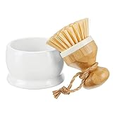 mDesign Bamboo Wood Round Mini Palm Scrub Brush with Holder for Kitchen Sink, Bathroom, Household Cleaning - Wash Dishes, Pots, Pans, Vegetables - Echo Collection - White/Natural