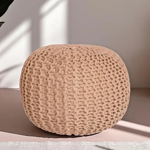 CASVO® Handmade Large Knitted Pouffe Ottoman 100% Cotton Chunky Couffes for Living or Library Book Reading Office Room Versatile for Foot Rest Extra Seating & Home Decor 50cm Foot Stool (Tan)