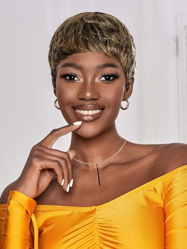 Fereowth Perruque Courte en Cheveux Humains Perruque Femme Naturelle Pixie Cut Short Human Hair Wig Droit Brésilienne Couche Cheveux avec Frange Perruques (4/27#)