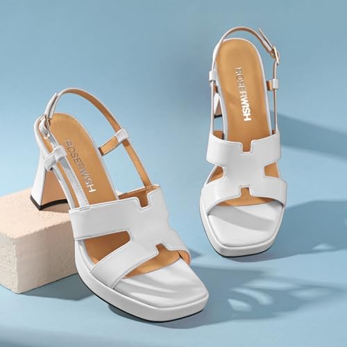 Image of ROSERWISH Womens Platform Heeled Sandals, Open Square Toe Chunky Heels, Strappy Sandals for Women, Leather Insole Dress Shoes for Prom Weeding Bride Party 3.5 inch