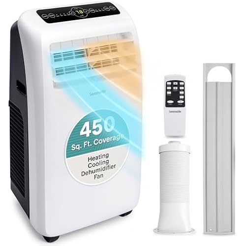 SereneLife Portable Air Conditioner With Heat & Built-in Dehumidifier 10,000 BTU, Portable Heater & AC For Rooms up to 450 Sq Ft - Remote Control & Window Mount Exhaust Kit Included