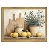 Wood Framed Vintage Kitchen Wall Art, Yellow Lemon Still Life Wall Decor Oil Paintings, Rustic Farmhouse Artwork Canvas Posters Prints Pictures for Living Room Bedroom Home Decor 8x10 Inch