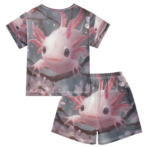 Pajama Sets Short Sleeve Kawaii Pink Axolotl Cherry Blossoms Soft Cotton Summer Sleepwear 2 Piece PJS Size 5-14T2