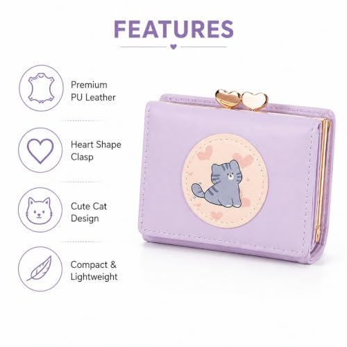 Image of Valerie Cute Small Wallets Clutch for Teen Girl Women PU Leather Trifold Small Wallet Cash Pocket 3D Buckle Card Holder Coin Purse with ID Window for Girls Women (Purple cat)
