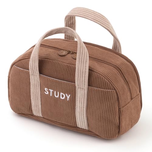 Image of EASTHILL Corduroy Hand-held Pencil Case Large Cute Pencil Pouch Stationery Pen Bag for Teen Girls-Brown