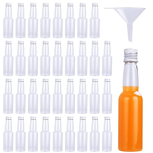 APACALI 36 PCS Mini Liquor Bottles, 100ML Plastic Empty Spirit Bottles, Reusable Mini Alcohol Bottles, Miniature Bottles with Aluminum Lids and Funnel, Small Plastic Bottles for Liquid storag