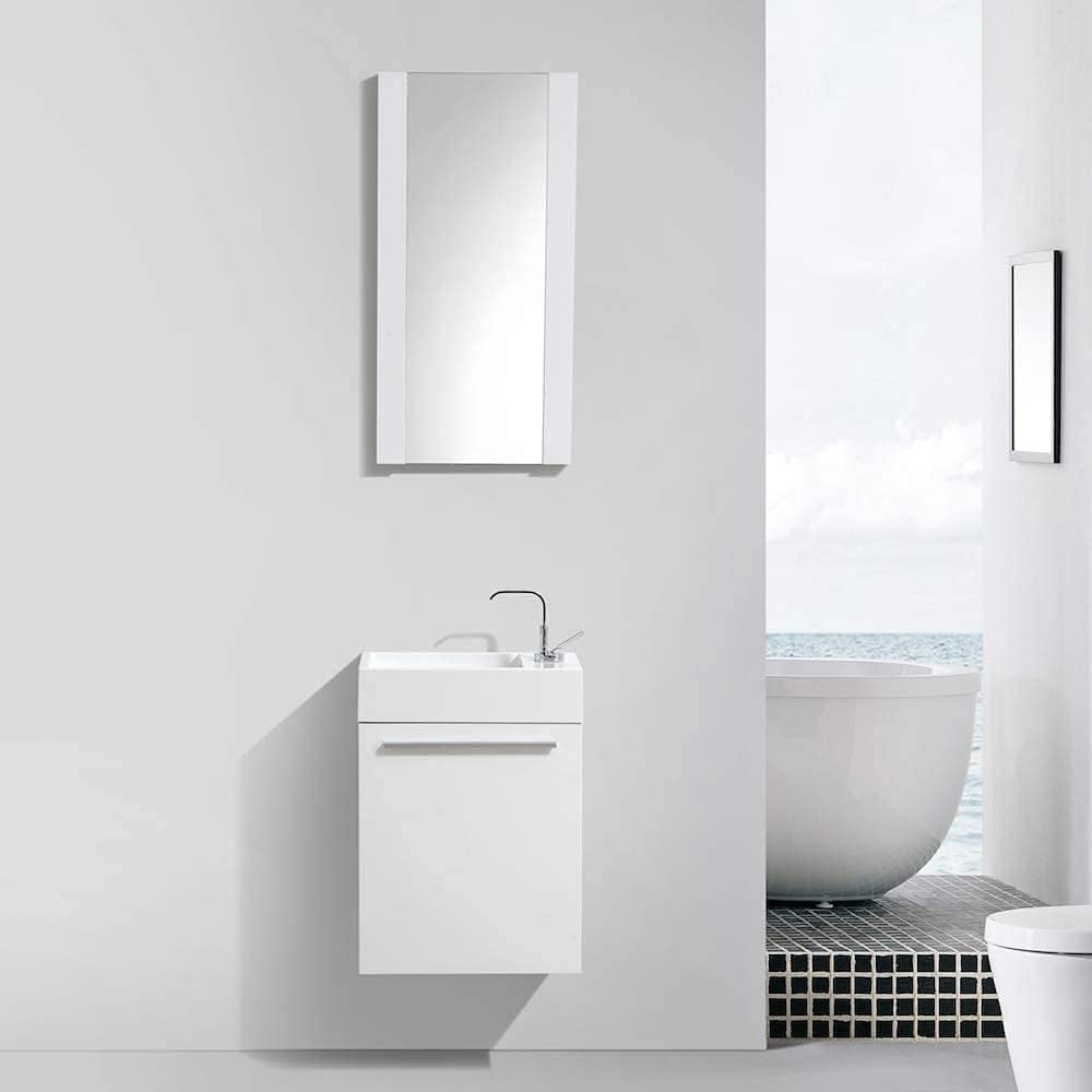 Blossom 18-Inch Floating Bathroom Vanity with Acrylic Sink and Mirror, All-Wood Construction, Space-Saving Wall Mounted Vanity for Compact Bathrooms, Modern Design Bathroom Sink Cabinet, Glossy White