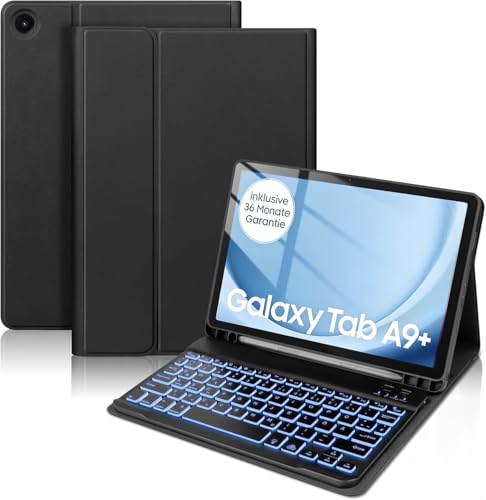 KTOITION Hülle mit Tastatur für Samsung Galaxy Tab A9+/ A11+/ A9 Plus/ A11 Plus 11 Zoll 2023/2025 Tablet, Hülle mit Magnetisch Abnehmbarer Deutscher Bluetooth Beleuchtete Tastatur, Schwarz