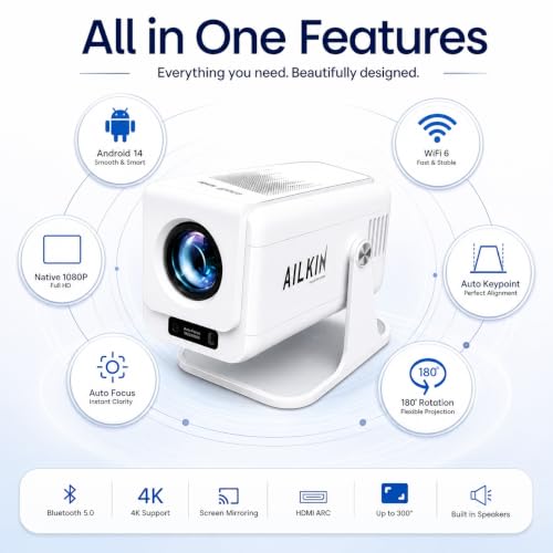 Image of Ailkin Smart Gaming Projector Autofocus Native 1080P, 4K Support, 12000 Lumens Android 14 Smart Projector with WiFi 6 Bluetooth, 4D Keystone, Home Theater Outdoor Movie Projector