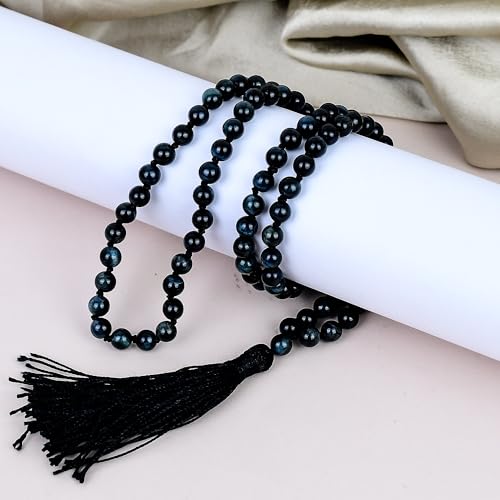 Collier de méditation œil de chat bleu naturel et œil de tigre noué main