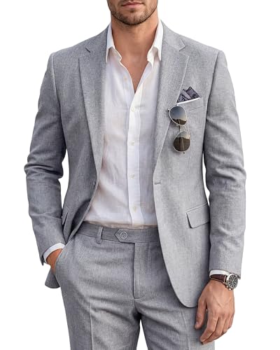 WULFUL Men's Slim Fit 2 Piece Suit, One Button Solid Blazer Business Party Jacket Pants Set Grey