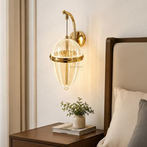 Image of Glowave Modern Gold Ribbed Oval Acrylic Shade Wall Light with Crystal Accent for Bedroom, Living Room, Bedside, Hallway & Hotel - Tricolour (White, Warm White, Natural White) (T212 /1W)