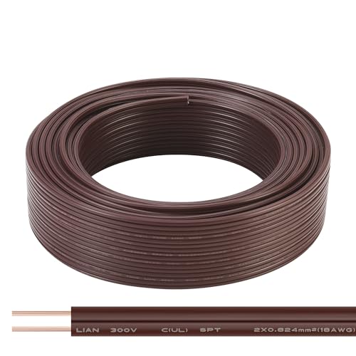 SPTDACSFP SPT-2 50FT 18/2 Electrical Wire, 18 Gauge 2 Conductors Lighting Copper Wire, Hookup LED Lighting Strips Flexible Wire Extension Cord, Brown