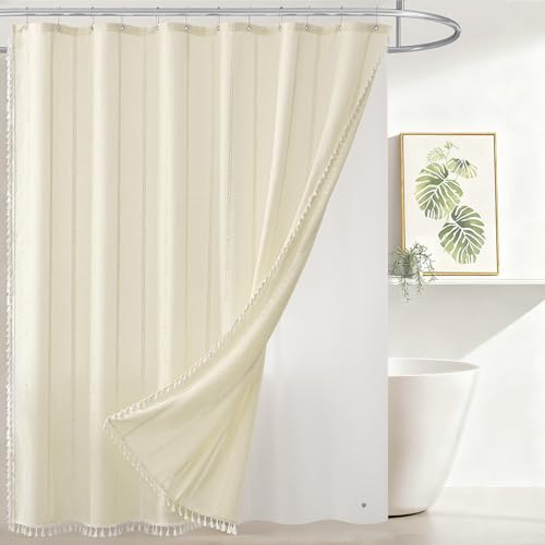 downluxe Linen Texture 3 in 1 Farmhouse Shower Curtain Set with Tassel Boho Fabric Shower Curtains for Bathroom Cream 72W x 72L