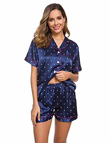 Image of LecGee Womens Silk Satin Pajamas Set Short Sleeve Sleepwear Button Down Nightwear Soft Pj Lounge Sets