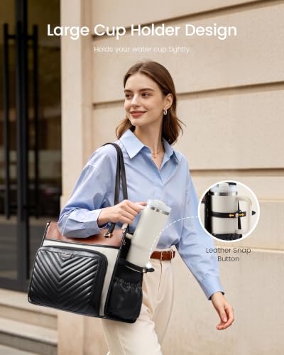 Image of LOVEVOOK Quilted PU Leather Teacher Tote Laptop Bag Work Purse for Women | Large Cup Holder, Professional Waterproof Handbag Briefcase, Gifts for Business Office Nurse Mom College Travel Daily Leiure