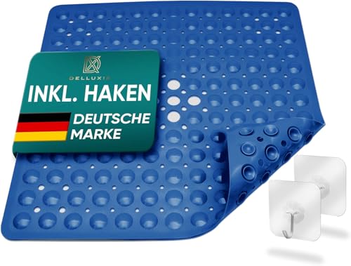 Delluxia Duschmatte rutschfest 53x53 cm, INKL. 2 Haken | Antirutschmatte Dusche Badematte schimmelresistent & maschinenwaschbar | Duscheinlage rutschfest, BPA frei & latexfrei | Blau