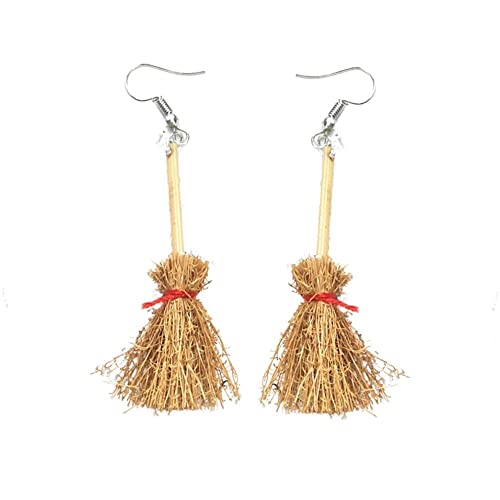 Cute Broom Earrings Handmade Witch's Flying Straw Broom Earrings for Women