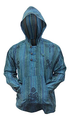 Shopoholic Fashion Mens Stonewashed Striped Hooded Grandad Shirt (4Xl,Turquoise) #TOP1