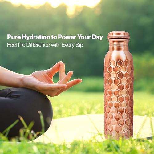 Image of Copper Water Bottle 32 oz, Copper Drinking Bottle Honeycomb | 100% Pure Copper, Ayurvedic Tamra Jal Vessel, Leak-Proof Screw Cap, Cleaning Brush included, Reusable