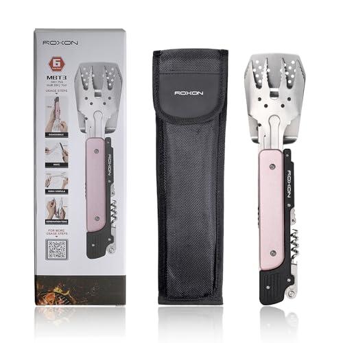 Image of ROXON S601 14 inch 6 in 1 MBT3 Folding Grill Utensils Set Fork Spatula Grilling Knife Tongs Opener for Backyard Barbecue and Camping (Pink)