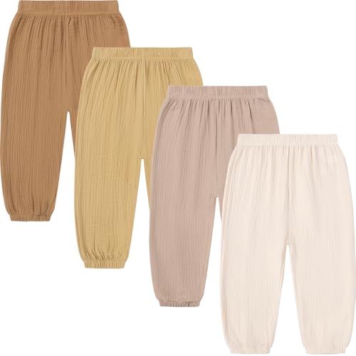 Image of GFQLONG Toddler Boy Linen Pants Girl Cotton Summer Loose Pant for Kid 2-6T | 4 pack toddler pants,light,lightweight,thin,muslin,baggy,gauze,wide leg,barrel,plain,harem bloomers for little boys