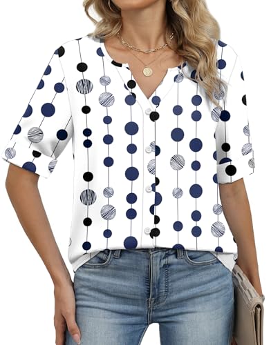 Image of OFEEFAN Button Down Shirts for Women 3 /4 Length Sleeve Tops V Neck Blouses Business Casual Outfits Loose Fit