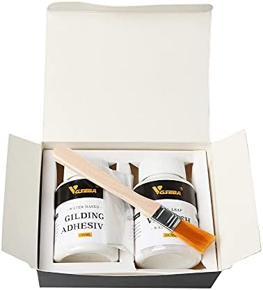 Gilding Adhesive Set, 100ml Epoxy Resin Water Based Metal Leaf Glue and 100ml Varnish for Craft, Arts Use, Box-Packed (200ml + Brush + Gloves)