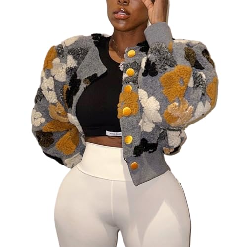 Yimoon Womens Cropped Floral Print Jacket Puff Sleeve Fleece Bomber Jacket Button Down Fall Winter Warm Outerwear