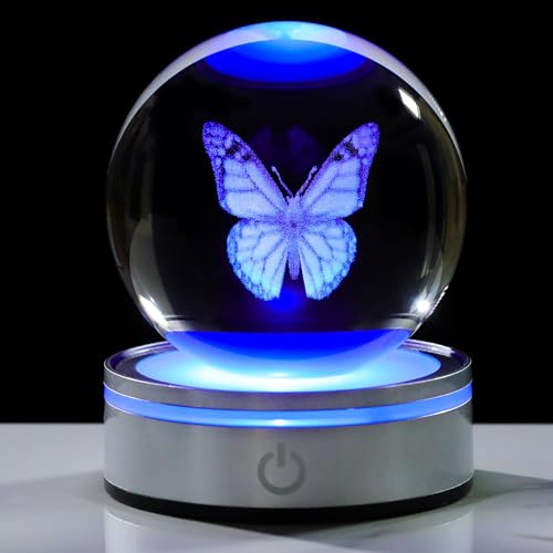 Movdyka 3D Crystal Ball Figurine Butterfly Gifts for Women Men Decorations Night Light, Laser Engraved Butterfly Ornament Glass Snow Globe Room Art Decor Crafts