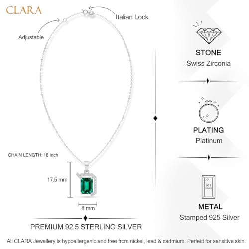 Image of Clara 925 Sterling Silver Green Pendant Necklace with Chain for Women & Girls | Platinum Plated |Minimal Daily Wear | Gift for her
