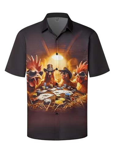 Hardaddy Men's Gongfu Rooster Chest Pocket Printed Short Sleeve Button Down Summer Casual Shirt Deep Brown XL