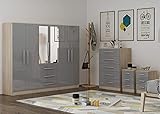 Unique Furnishings Gloss GREY Large Wardrobe Set - 6 Door 3 Drawers & Long Mirror + Chest Of Drawers + 2x Bedsides